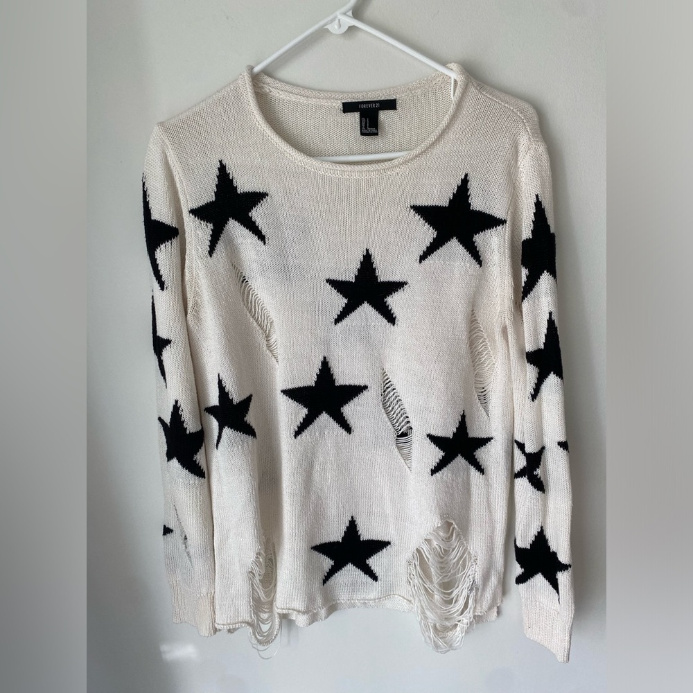 Forever 21 Starry Knit Distressed Stars Sweater - Black and White S